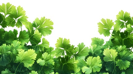 Detailed clipart of fresh coriander leaves with vibrant green hues, isolated on a white background