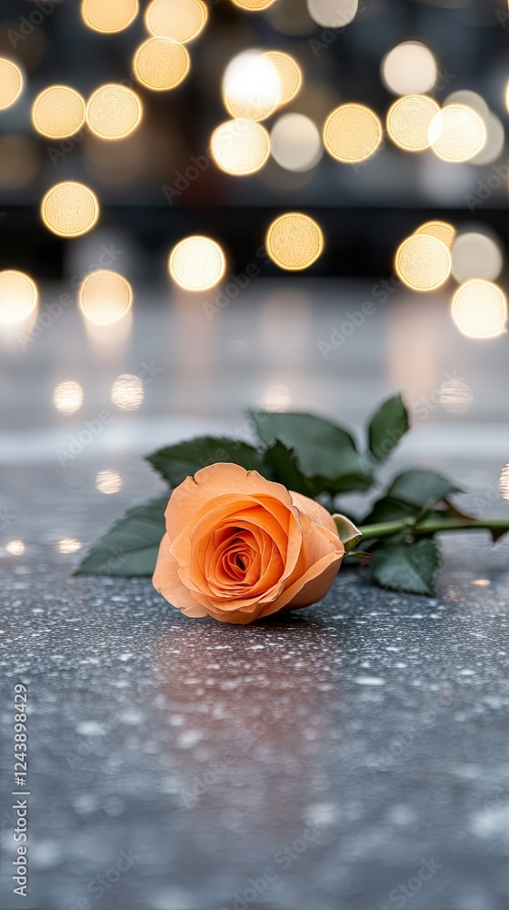 Poster orange rose placed on a glossy surface with soft bokeh lights in the background creating a romantic 