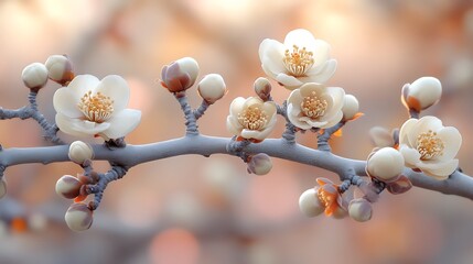 Delicate White Blossoms On A Branch In Springtime