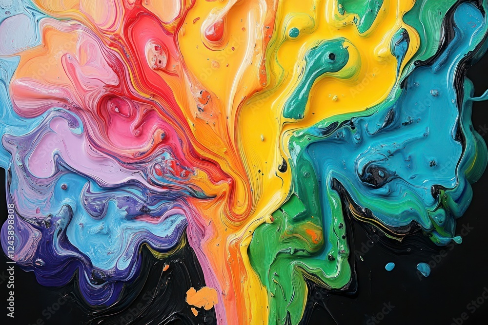 Poster vibrant abstract swirling colors on black background with paint blending in unique patterns