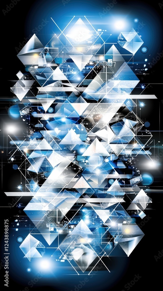 Poster a vibrant abstract design featuring geometric shapes, predominantly blue and white, creating a futur