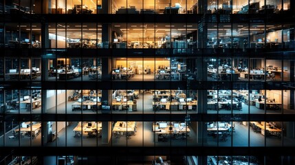 Office building illuminated at night showcasing multiple workspaces and employees engaged in various tasks in a bustling urban environment