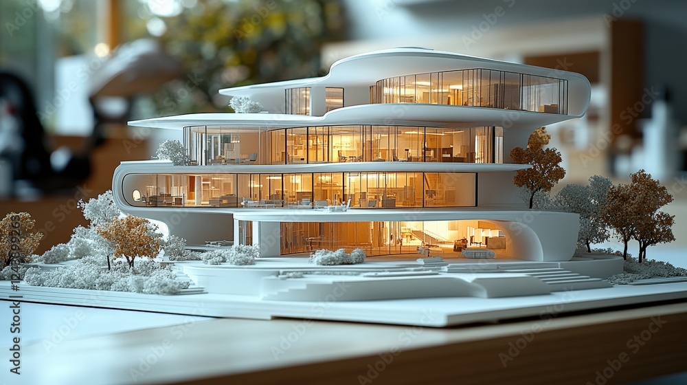 Poster modern architectural model showcasing a multi-level house with illuminated interiors and surrounding
