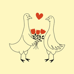 Vector illustration with couple of geese and red flowers. Cute and romantic print design, home decoration poster, greeting card template, apparel print design