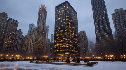 A chilly, dark evening unfolds across the urban landscape of Chicago, where illuminated buildings cast a warm glow amid the frosty winter grounds
