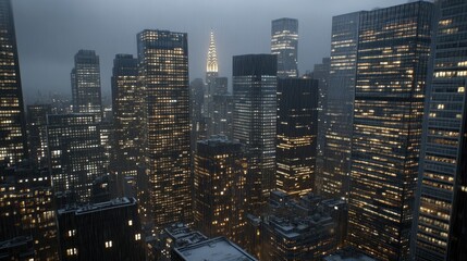 Cityscape illuminated by skyscrapers at dusk with dramatic weather and iconic architecture in New York City