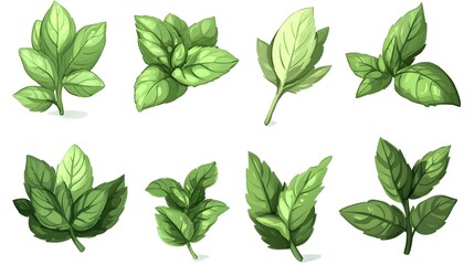 Illustrate fresh mint leaves with vibrant green color, isolated on a white background in a clean and detailed style