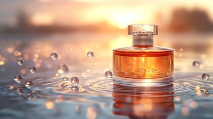 Amber perfume bottle on water ripples at sunset