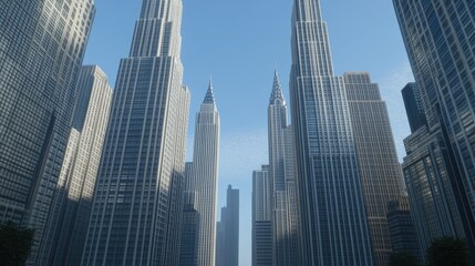 Fototapeta premium Tall skyscrapers reaching towards the blue sky in the heart of a bustling city as sunlight casts shadows on the pavement below
