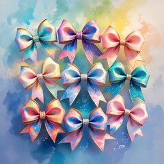 Fototapeta premium Colorful collection of watercolor bows on a vibrant background showcasing artistic design and creativity in textile decoration