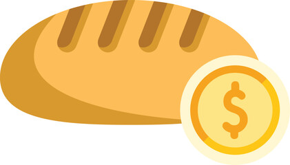 Simple vector illustration featuring a freshly baked bread loaf and a gold coin, symbolizing the cost of food and basic necessities