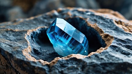 A captivating blue gemstone nestled in a dark, rough-hewn stone. The contrast between the smooth crystal and the rugged rock creates a striking image.