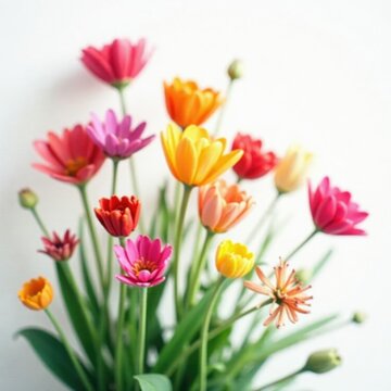 Sparsa colorful flowers on white background, soft focus, gentle colors, abstract, garden