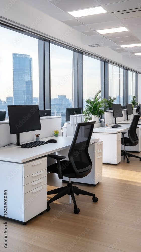 Poster empty modern office space with large windows and city view, featuring sleek desks and computer setup