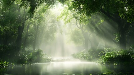 Obraz premium A misty river flowing through a dense forest, with the sound of water and rustling leaves