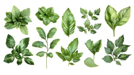 A collection of basil leaves in various shapes and sizes, showcasing the rich green color and texture, isolated on white