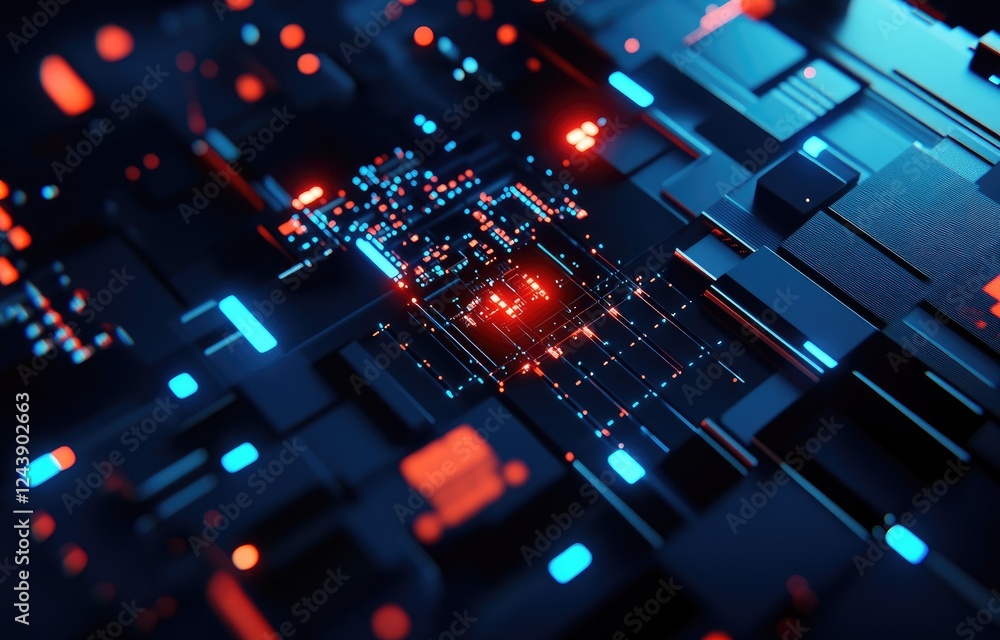 Poster futuristic digital circuit with glowing red and blue elements, ideal for ai technology, data process
