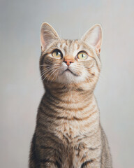 Obraz premium Elegant tabby cat with golden eyes gazing upwards in a softly lit portrait