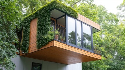 Fototapeta premium A sustainable treehouse with living walls covered in greenery, blending perfectly with the surrounding forest, and a balcony with potted plants