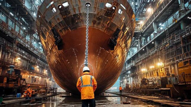 Worker observing a massive ship under construction in a bustling dockyard
