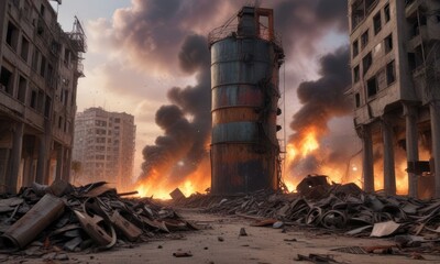 Naklejka premium Twisted metal remains of a grain silo amidst the chaos of Beirut port explosion wreckage, beirut port destruction, urban devastation, rubble landscape