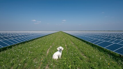 Dog sits in field of solar panels, clear sky.  Use renewable energy