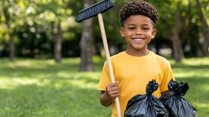 Young boy participates in community clean-up event, joyfully holding trash bags and a broom in a park on a sunny day