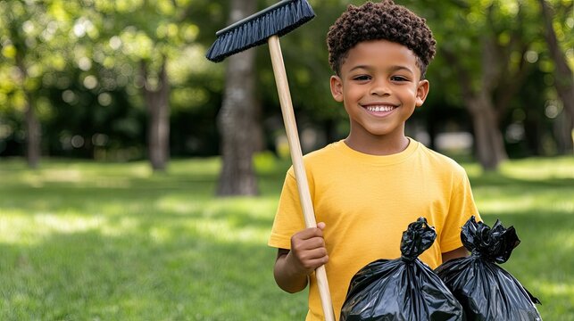 Young boy participates in community clean-up event, joyfully holding trash bags and a broom in a park on a sunny day