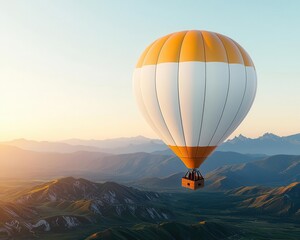 A hot air balloon floating above a mountain valley at sunrise, an adventurous and dreamlike scene
