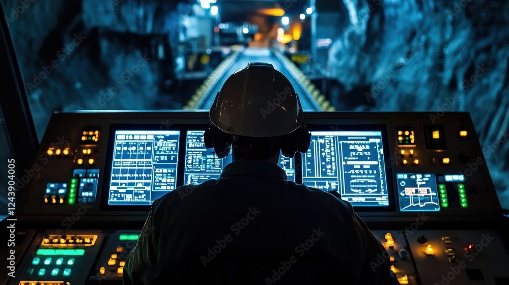 Poster operator monitoring machinery controls in a dimly lit mine, showcasing advanced technology and safet