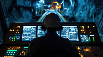 Operator monitoring machinery controls in a dimly lit mine, showcasing advanced technology and safety
