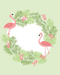 Circle frame green summer tropical palm leaves with exotic flamingo. Vector templates. Design element for cards, posters, banners, invitations and other purposes.