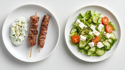 Two plates on a white background, one with grilled lamb kebabs and tzatziki sauce, the other with a fresh Greek salad garnished with feta cheese