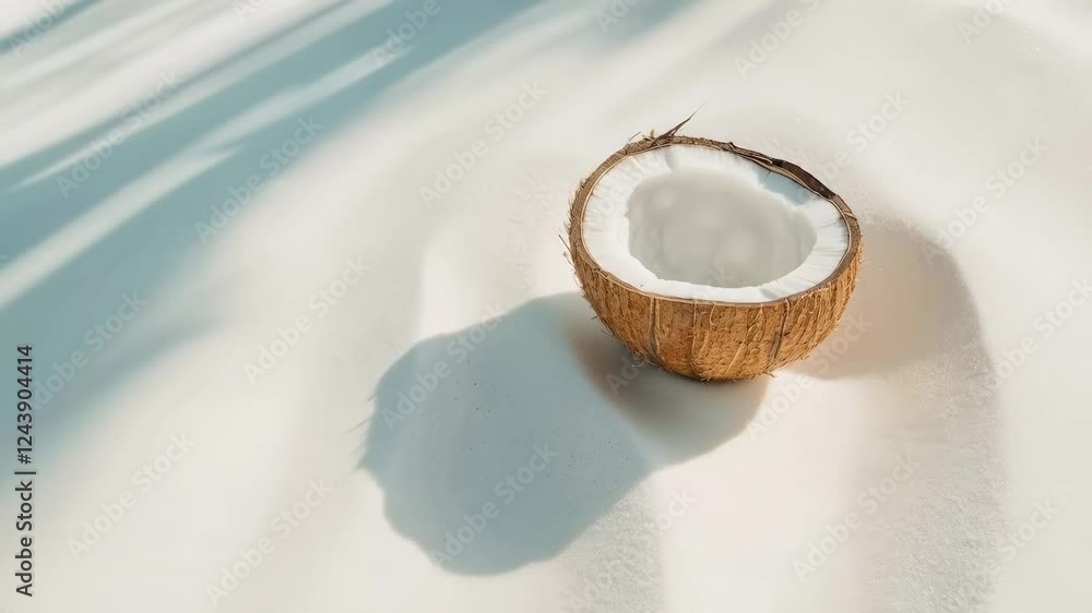 Poster half coconut shell resting on pristine white sand, casting dynamic shadows under golden sun rays, em