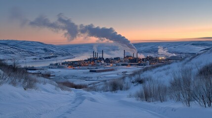 An industrial facility releases clouds of steam, set against a stunning backdrop of snow-covered mountains at dawn in a secluded area