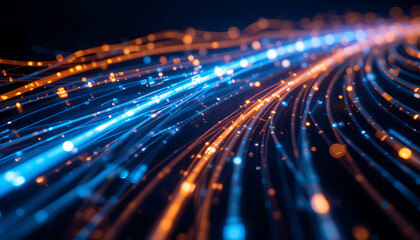 Realistic Fiber Optic Data Transmission with Glowing Light Trails