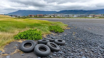 Discarded tires rest on a rocky beach with lush green vegetation and mountains in the background on a cloudy day