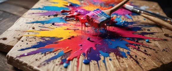 Obraz premium Vibrant paint splatters on a wooden palette amidst colorful paints and brushes, paint splatter, colorful art supplies, creative space