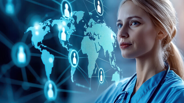 healthcare professional analyzing global health network map