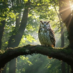 Obraz premium Captivating view of owl perched gracefully on branch in forest setting, tranquil, poised, avian creature, regal