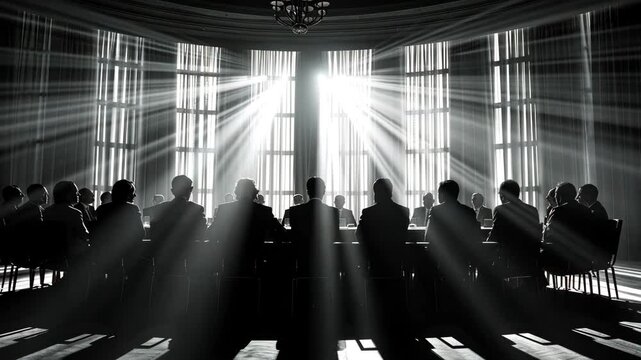 A select group of individuals gathers at a round table, forming a secret society. Their silhouettes are illuminated by sunlight streaming through the window, adding an air of mystery and intrigue.