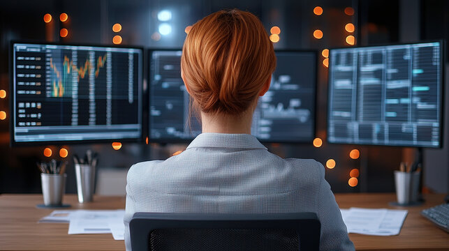 professional woman in modern office analyzing data on multiple screens, focused and engaged - Powered by Adobe