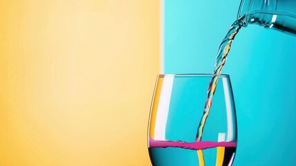 Pouring refreshing pink drink into glass on a vibrant two tone yellow and blue background, creating a visually appealing summer beverage scene