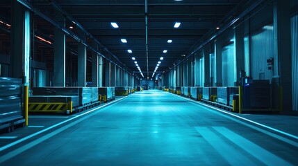 Eerie Blue Warehouse Tunnel: Automated Logistics and Storage Facility