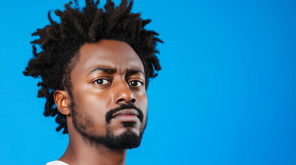 Confused Man Portrait with Curly Hair against Blue Background