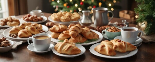 Naklejka premium Christmas morning breakfast spread with festive pastries and coffee , steaming coffee, Christmas morning