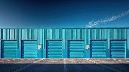 Blue storage units, sunny day, clear sky, parking lot, self-storage