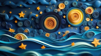 Obraz premium Paper quilling art of flowers, sunburst, geometric, night sky with swirling galaxies, underwater scene, hummingbird, owl, mandala design
