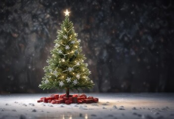 Obraz premium Christmas tree with snowflakes falling around it, delicate snowflakes, gentle snowfall