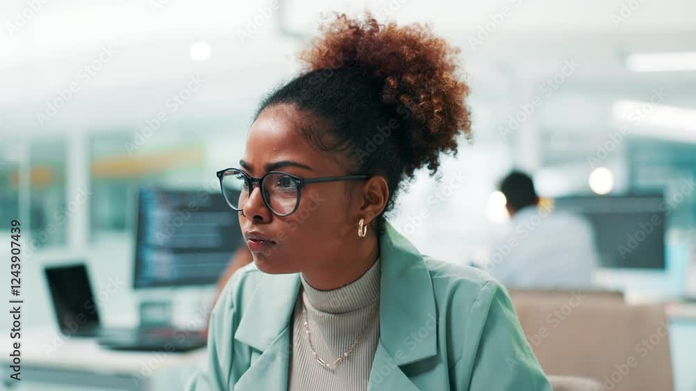 Aufkleber Woman, software developer or programming with computer for app development or coding at office desk. Female person, programmer or coder with glasses or technology for UI, UX or AI design at workplace
